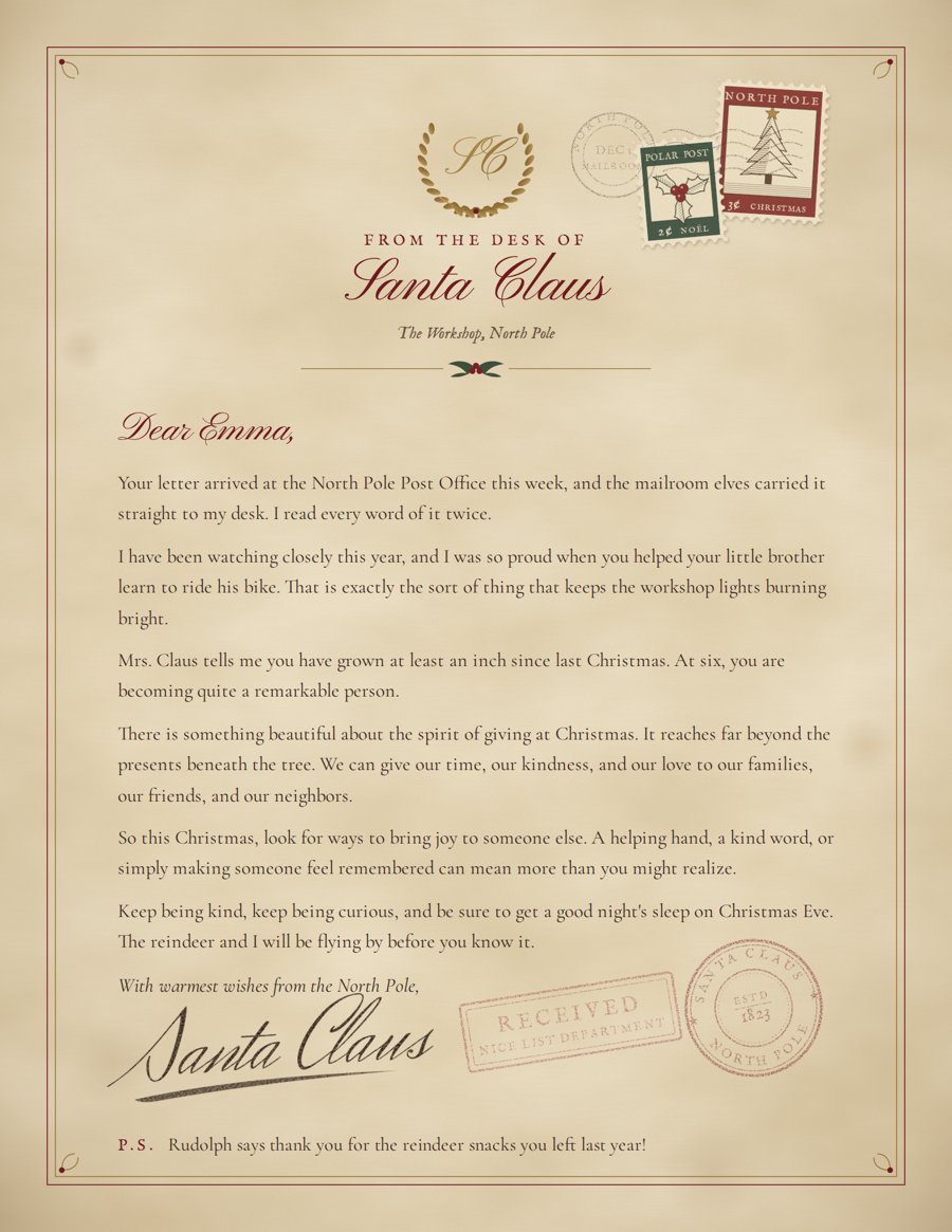 A personalized letter from Santa on North Pole Post Office stationery